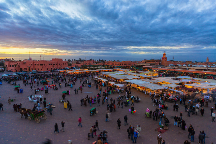 The Jemaa el-Fnaa Square at sunset, Marrakech, Morocco.